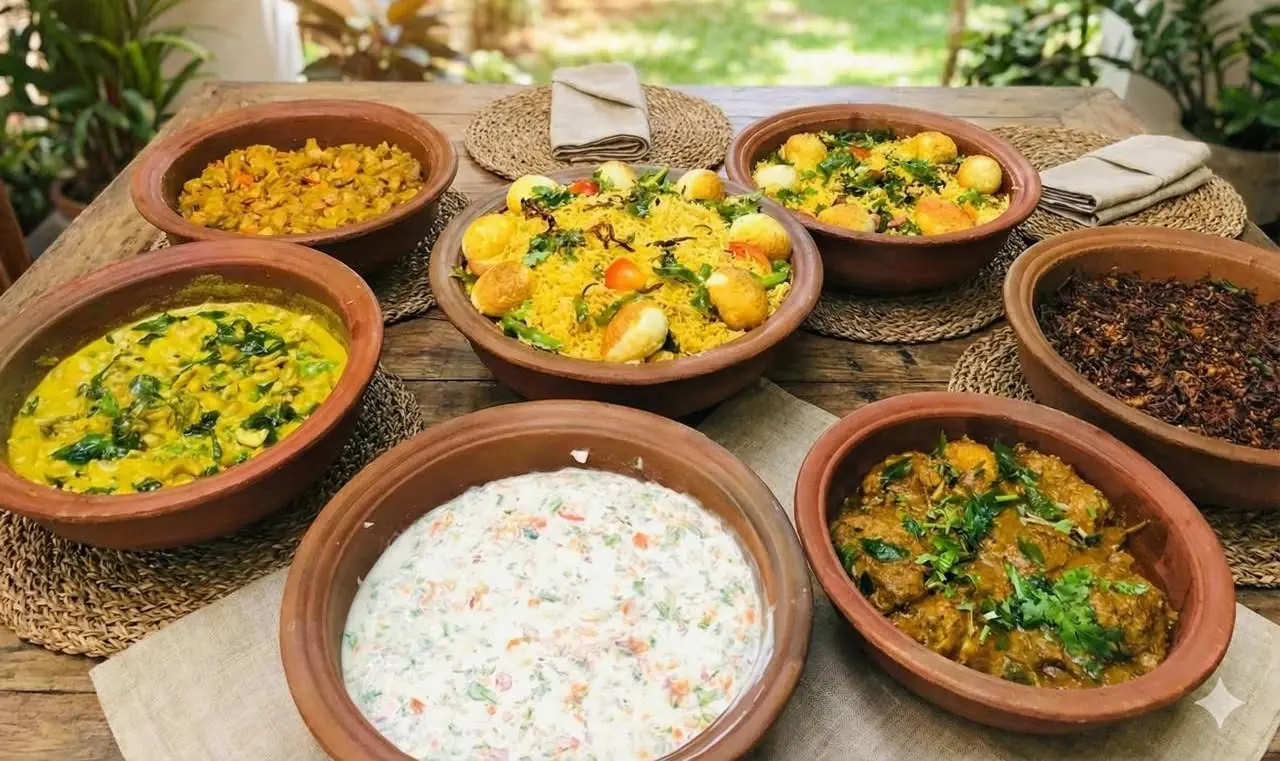 A spread of Sri Lankan home cooking served in clay pots on a wooden table — yellow rice with boiled eggs and curry leaves, dhal curry with greens, chicken curry, a coconut and vegetable salad, and dark roasted sambol.